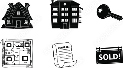Real estate icons, house, apartment, key, floor plan, contract, sold sign, property transaction, housing, architecture, investment, mortgage, ownership, rental,  