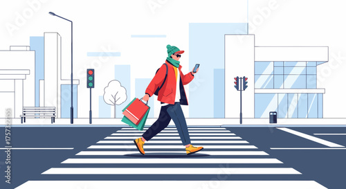 Modern City Scene With Person Crossing Street After Shopping