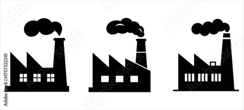 Factory silhouette vector illustration — classic black and white industrial building icons with smoking chimneys, symbolizing manufacturing, production, and industry concepts.
