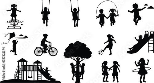 Silhouette children outdoor play, hopscotch, swing, jump rope, kite flying, cycling, soccer, playground slide, hula hoop, friendship, fun