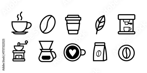 Coffee Icon Set Line Style Vector of Coffee Cup, Beans, Grinder, and Brewing Equipment
