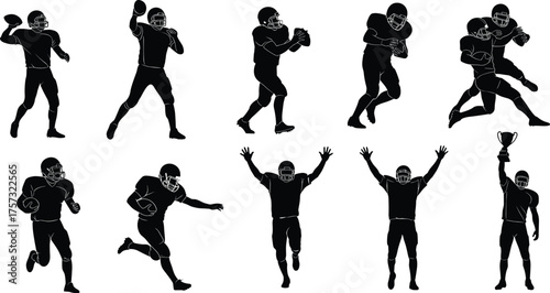 Silhouette collection of American football players, passing, running, tackling, celebrating, victory, sports action, competition, athletic icons, team game, championship