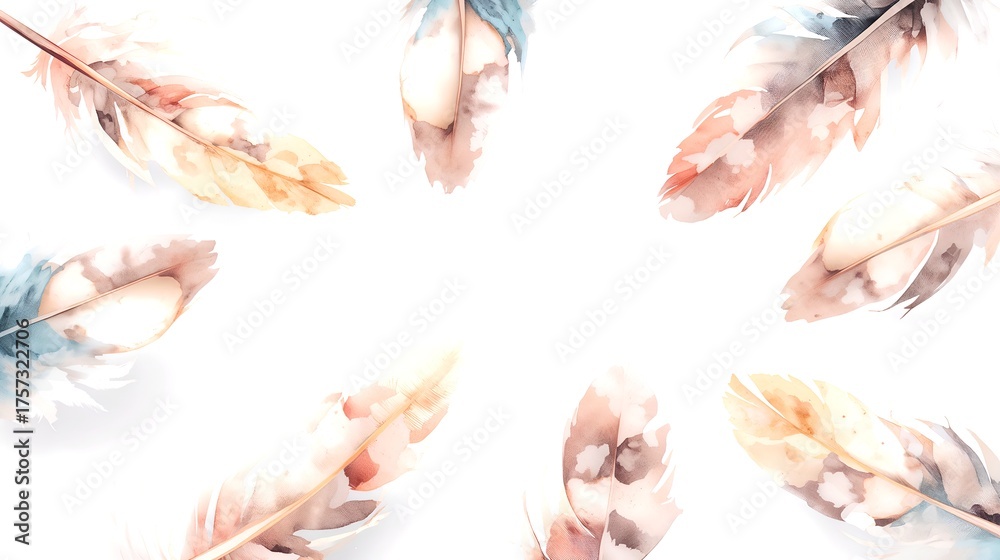 Naklejka premium a collection of soft, watercolor feathers artfully arranged in a circular design, creating a sense of delicate beauty and artistic flair. These feathers boast a lovely color palette of soft pastels.
