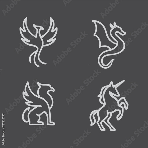 Mythical creature icons phoenix dragon griffin unicorn set symbol collection vector