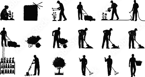 Silhouette collection of gardening, landscaping, planting, watering, mowing, trimming, raking, sweeping, leaf blowing, outdoor yard work, horticulture, maintenance activities