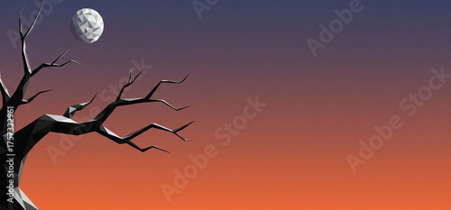 Minimalist Low Poly Bare Tree Halloween Banner, Spooky Geometric Silhouette with Moon and Copy Space