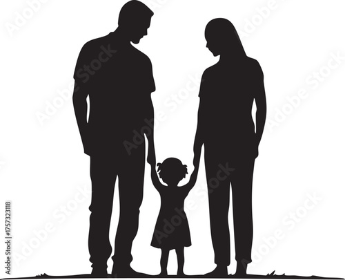 Family silhouette vector—black-and-white illustration of two adults and child holding hands for unity, care, and relationship themes