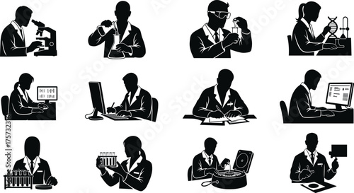 Silhouette collection of scientists in laboratory, research, chemistry, biology, DNA analysis, pipette, microscope, experiment, computer data, innovation, technology, discovery