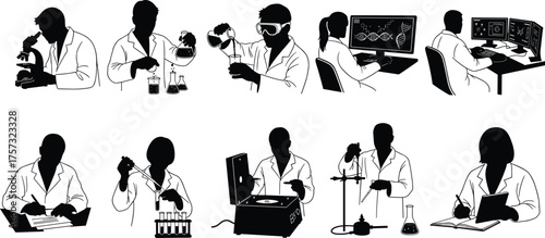 Silhouette collection of scientists in laboratory, research, chemistry, biology, molecular analysis, pipette, microscope, experiment, computer data, innovation, technology, discovery