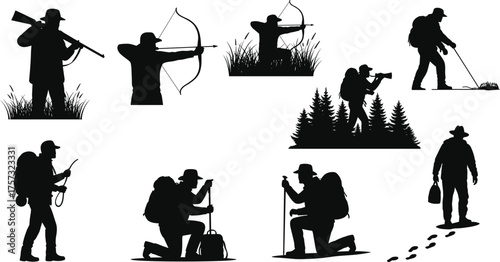 Silhouette collection of hunting, archery, hiking, backpacking, outdoor exploration, wilderness survival, camping, trekking, navigation, photography, adventure icons, nature activities