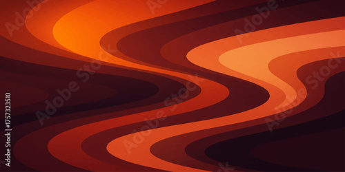 Abstract red background design with winding curve lines and orange light wave pattern