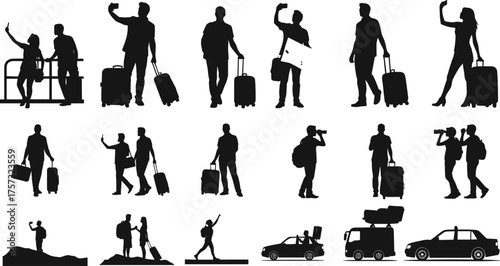 Silhouette travelers with luggage, backpackers, tourists taking selfies, cars with baggage, hiking, adventure travel, tourism, vacation, exploration, journey