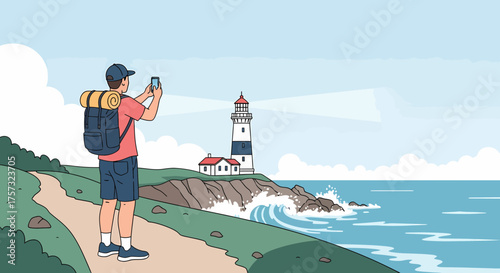 Tourist Enjoying Coastal View With Lighthouse And Ocean Scenery