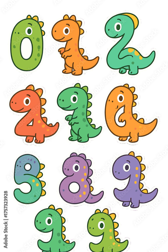 Obraz premium Bright numbers 0 through 9 are illustrated as baby dinosaurs, featured on greeting cards, stickers, banners, logos, badges, and posters, with colorful doodles set against a white background