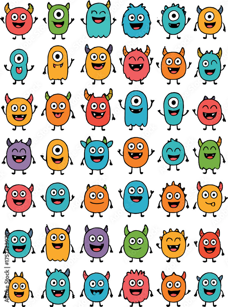 Obraz premium A large set of monster icons celebrates Happy Halloween with a cute, kawaii baby character, a colorful silhouette featuring eyes, horns, teeth, fangs, and tongue, hands raised and lowered, rendered