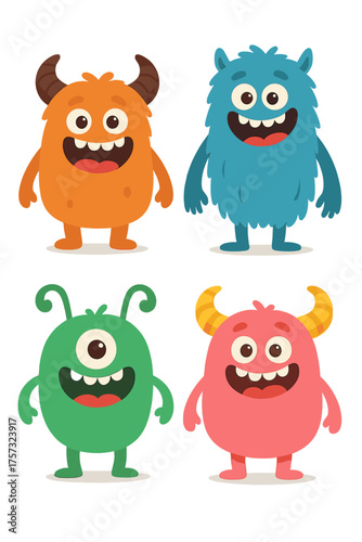 A set of cute, colorful monster characters: toothy and fluffy mutants with humorous, friendly faces in a cartoon vector illustration