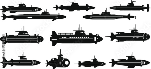 Submarine silhouette illustration set, naval underwater vessel icons, military and research submarine designs, black and white marine transport vector collection