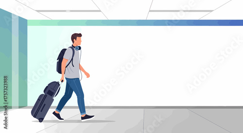 Traveler With Luggage At Modern Airport Walkway Interior Design