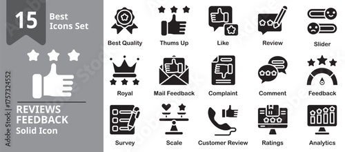 Reviews Feedback Icon set. Including review, feedback, rating, star, comment, testimonial and more. Solid vector icons collection.