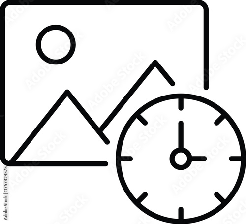 Premium Quality Line Art Hand made Vector - Scheduled image or delayed picture representation with a clock illustration icon