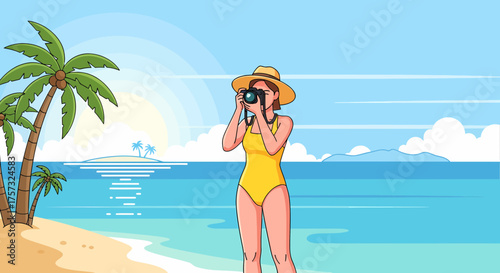 Woman Photographer Enjoying Tropical Vacation Capturing Island Paradise