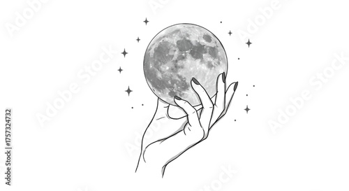 Mystical Hand Holding Full Moon with Stars - Witchy Esoteric Line Art Vector