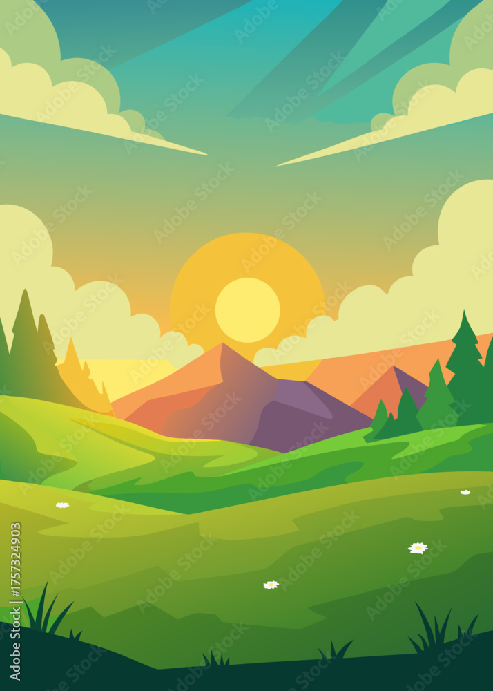 Fototapeta premium Digital Fantasy Meadow and Sunlight Painting Background Illustration