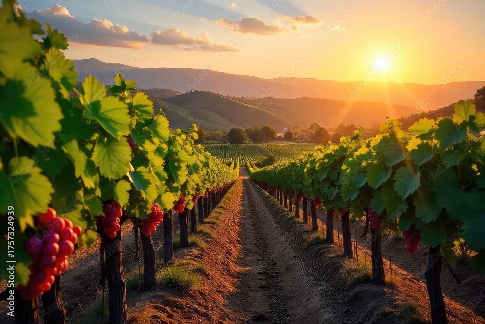 Fototapeta premium Sun-drenched vineyards rolling across the California hills, ripe grapes hanging heavy on the vines, ready for harvest Golden hour light bathes the landscape in warmth , sun, sunlight