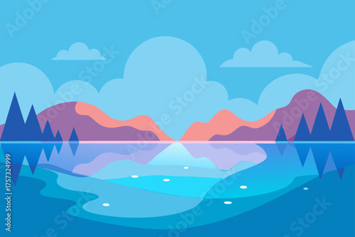 dreamy lake with reflections gouache background illustration