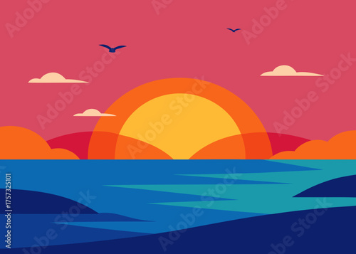 gouache seaside sunrise birds sky background painting