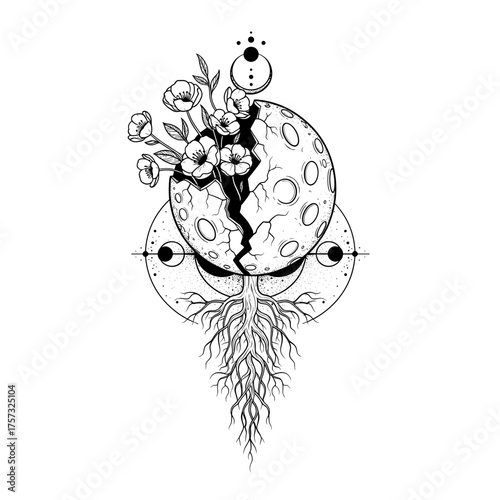 Stylized tattoo vector featuring celestial patterns and blooming flowers  
