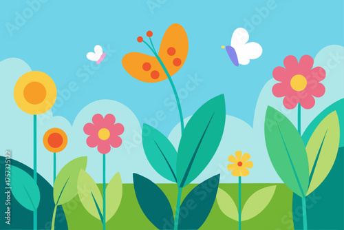 gouache spring garden butterflies flowers background