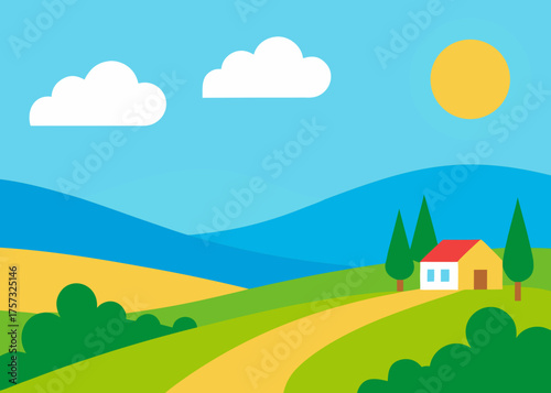 gouache sunny countryside blue sky landscape painting