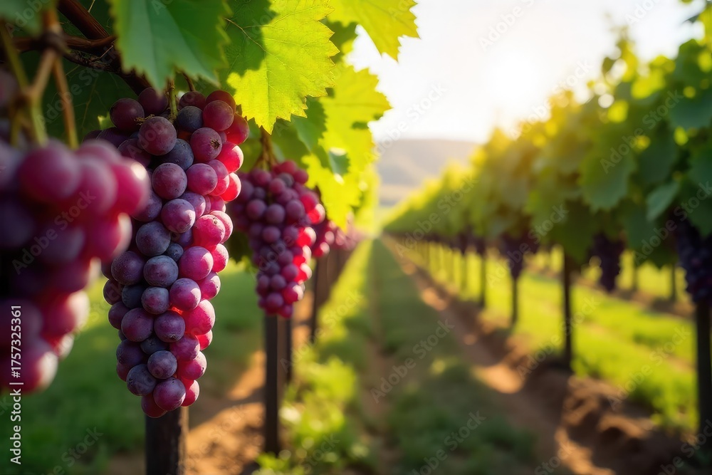 Fototapeta premium Sunlight dapples rows of ripening grapes hanging heavy on the vine in a picturesque vineyard, ready for harvest The idyllic scene showcases the beauty of wine production , berries, ripening, vines