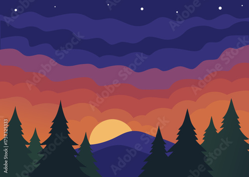 oil painting twilight sky forest background illustration