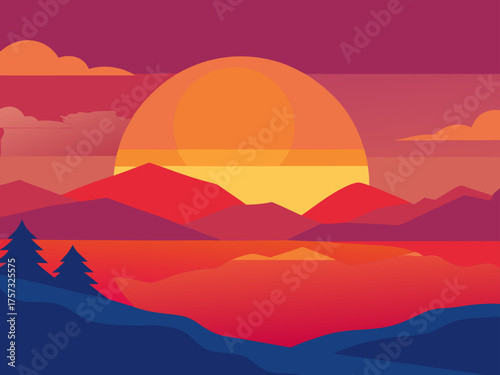 watercolor glowing sunset lake painting background