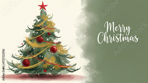 Watercolor illustration of a decorated Christmas tree with a star, ornaments, and Merry Christmas text.
