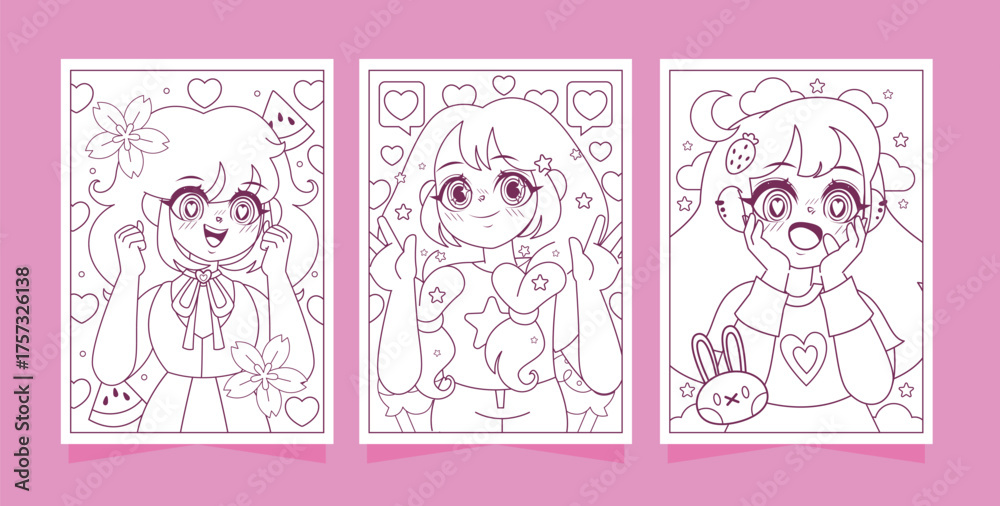 Fototapeta premium Collection of vertical greeting cards with anime girls and motifs