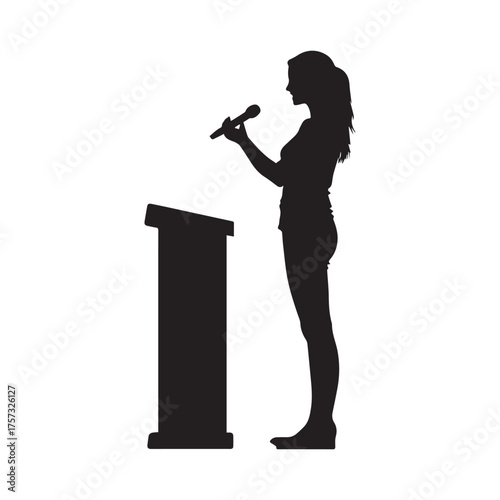 Silhouette of a confident woman speaking at a podium with microphones ready for her speech event