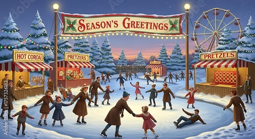 A festive winter scene unfolds with people ice skating under a banner reading seasons greetings at an outdoor christmas market illustration