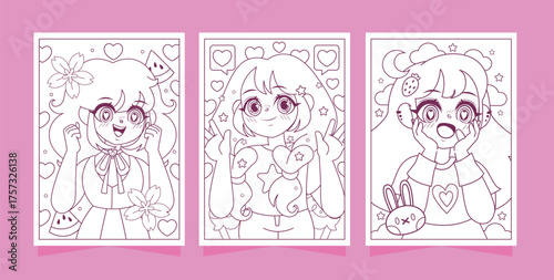 Collection of vertical greeting cards with anime girls and motifs