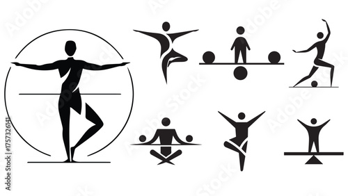 Set of balance and yoga pose silhouettes depicting human stability, fitness, wellness and mind body harmony vector illustration