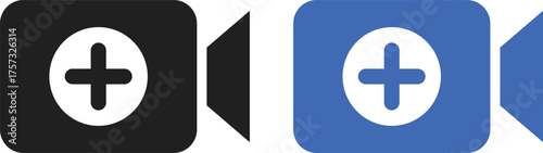 add Video camera icon set. Upload video icons collection. Video camera icons with plus sign. Add new video content