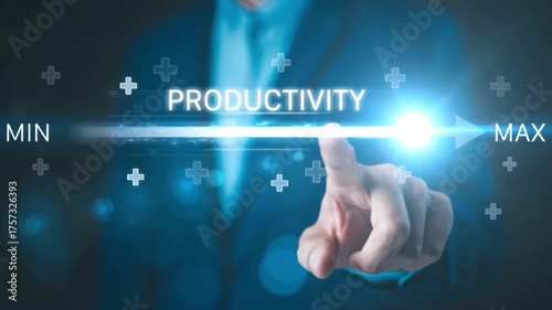 Boosting Productivity: A businessman's finger pointing toward the word PRODUCTIVITY, symbolizing the drive for maximum efficiency and achievement.