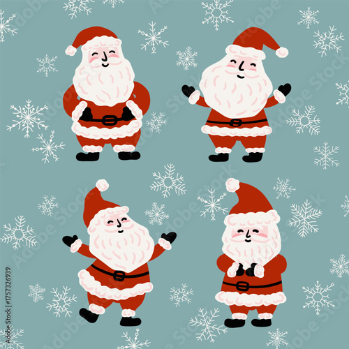 Set of Santa Claus In different, poses, activities, emotion, holiday situation. Christmas holiday