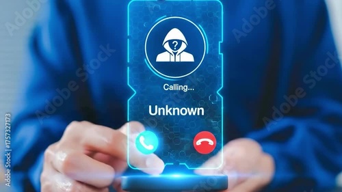 Digital Call of Unknown: A person's hand interacting with a glowing smartphone screen displaying a call from an Unknown caller, symbolizing potential cybersecurity threats.