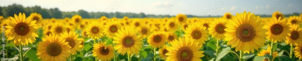 Fototapeta premium Vast field of vibrant yellow sunflowers basking in the summer sun, swaying gently in the breeze A stunning display of nature's beauty, perfect for backgrounds or summer themes , bloom, beauty