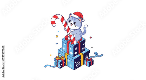 A festive kitten sits on presents with a candy cane on christmas.