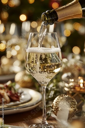 Vertical video of pouring champagne into a glass from a bottle into a glass on a festive table at a Christmas party