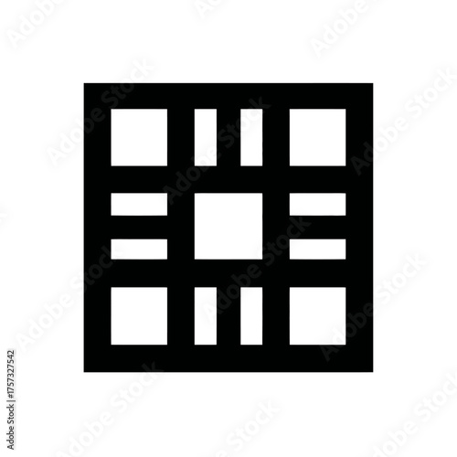 A black and white grid pattern consisting of squares and lines, creating a geometric abstract design